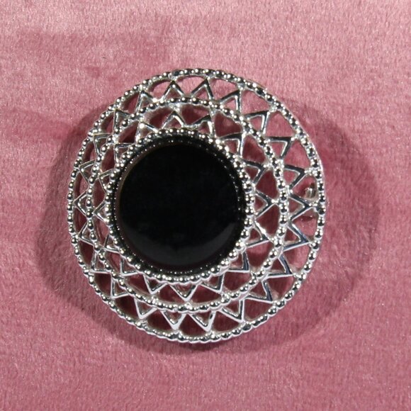 Vintage Sarah Coventry Silver Tone Faux Black Onyx Cabochon Brooch - Picture 4 of 6